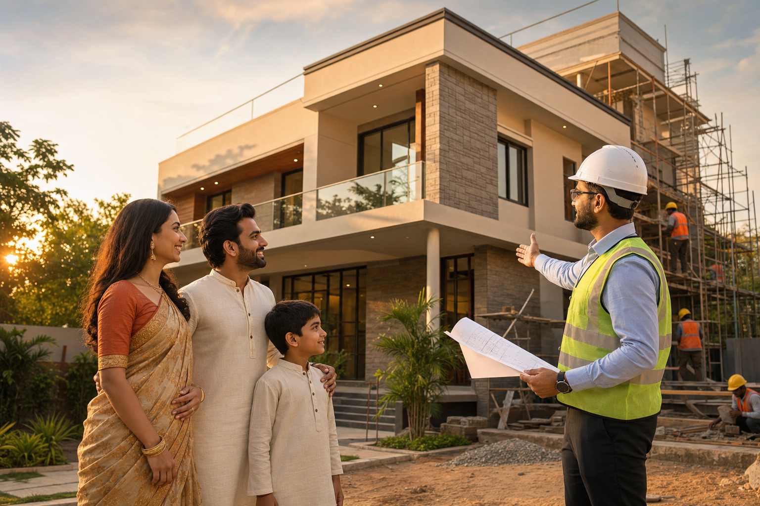 Indian family with Global Builder team at their new home