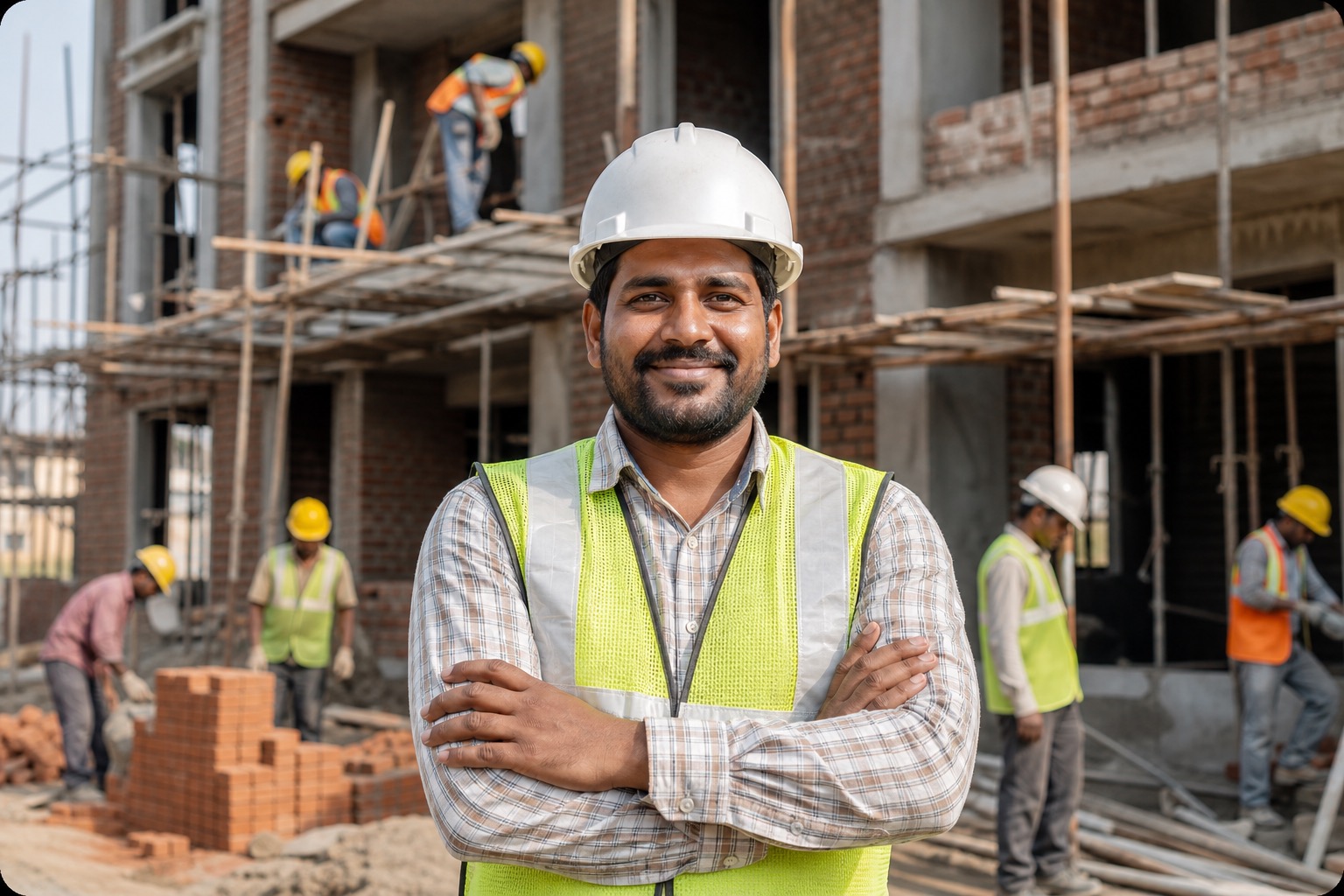 Indian construction workers at a residential building site
