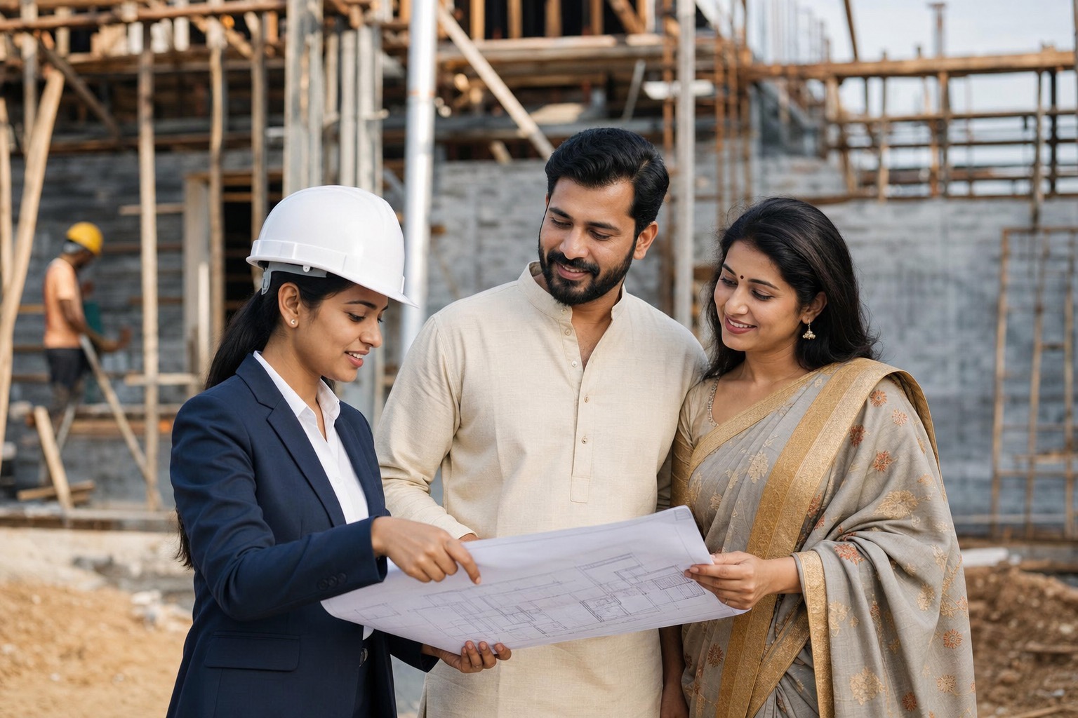 Architect consulting with Indian clients on site